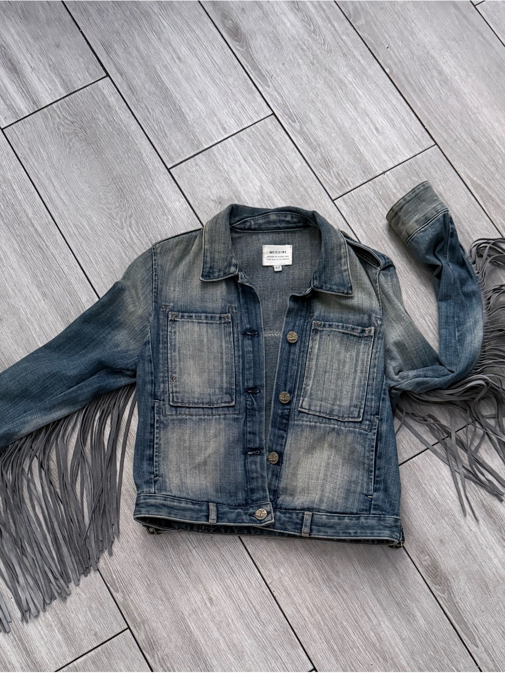 MC GUIRE Light Wash Denim Jacket with Gray Fringe - Picture 7 of 9
